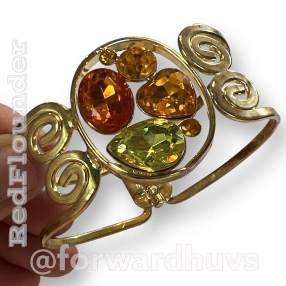 Gold Tone Hinge Bracelet with Orange & Green Rhinestones - Medium-Large Wrist - Picture 6 of 7